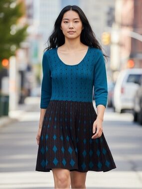 Nina Leonard Teal and Black Long Sleeve Knit Dress
